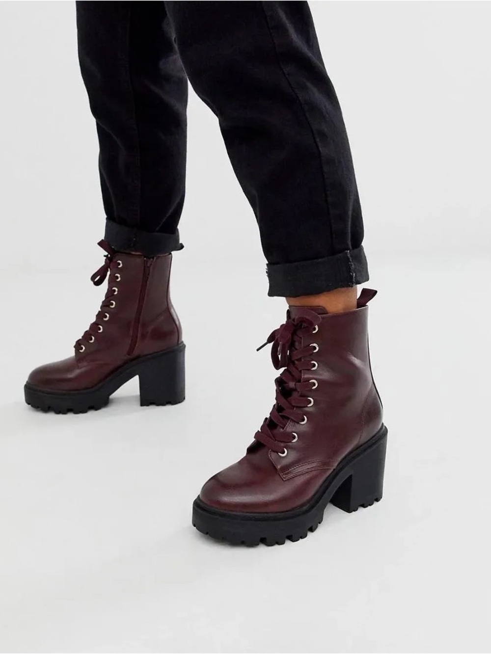 Chunky Lace-Up Platform Ankle Boots in Burgundy